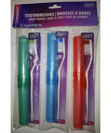 Toothbrush with Travel Case 1 Count (Pack of 3) Green Blue Red