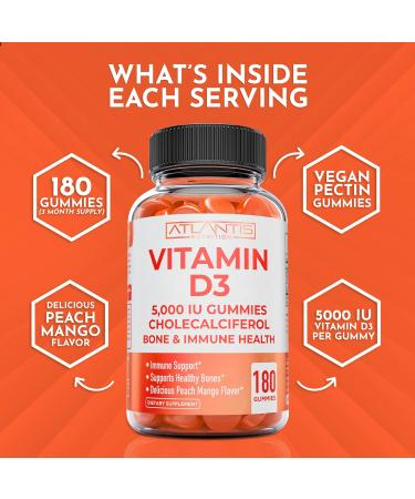 Vitamin D3 Gummies 5000 IU - 180 Gummies - Strong Bones & Teeth, Immune Support, Mood Boost - Peach Mango Flavor - Buy Online on GoSupps.com