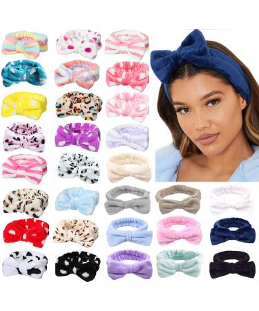 Tergy Facial Spa Headband Soft Coral Fleece Makeup Headband Bow Hair Band Head Wraps for Washing Face Elastic Head Wraps for Women Girls (30PCS)