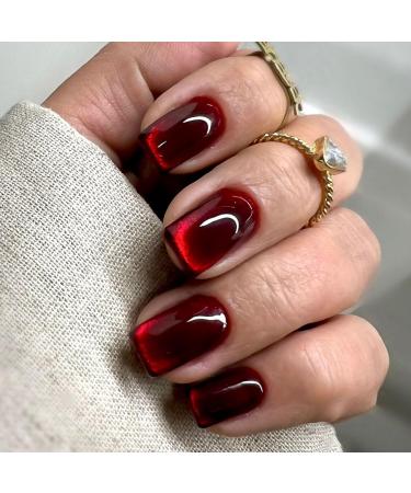 Mrcuvaryas 24 pieces press on nails short artificial nails with a cat eye squoval cherry red solid fake nails artificial nails with nail glue cherry red solid artificial fingernails for women red cat eye
