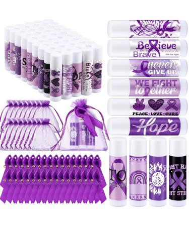 Linyuthia 50 Set Purple Ribbon Awareness Lip Balms Gifts 50 Organza Bags 50 Purple Awareness Ribbon Pins Raise Awareness for Domestic Violence Pancreatic Cancer Lupus Alzheimer's Overdose Awareness
