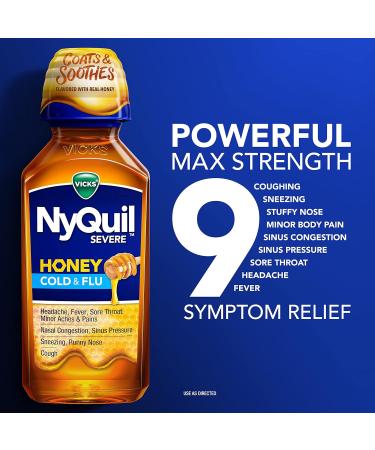 Vicks NyQuil Severe Honey Cold and Flu Medicine 12 Oz - Maximum Strength Relief for Cough, Sore Throat, Fever, and Congestion - Buy Online on GoSupps.com