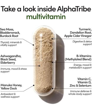 Alpha Tribe Multivitamin for Men with Sea Moss, Black Seed Oil, Ashwagandha, Turmeric Bladderwrack, Burdock,Vitamin C, Elderberry, Manuka, Yellow Dock | Daily Men's Vitamins and Minerals Supplement 120 Count (Pack of 1) - Buy Online on GoSupps.com