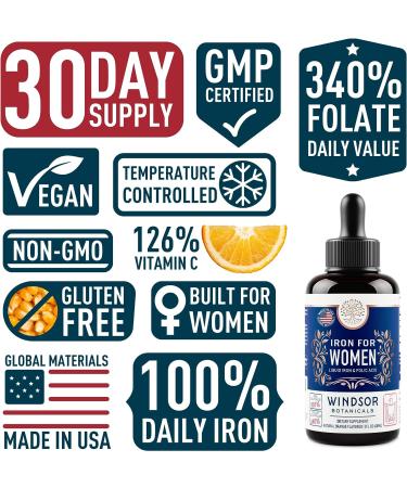 Windsor Botanicals Liquid Iron Supplement for Women - Folic Acid Vitamin C - Vegan Iron for Anemia & Pregnancy Support - Gluten-Free Non-GMO - 30 Days Supply - 2oz Orange Flavor - Buy Online on GoSupps.com