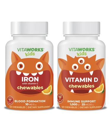VitaWorks Kids Iron 10mg + Vitamin C Chewables + Vitamin D3 1000 IU Chewables Bundle