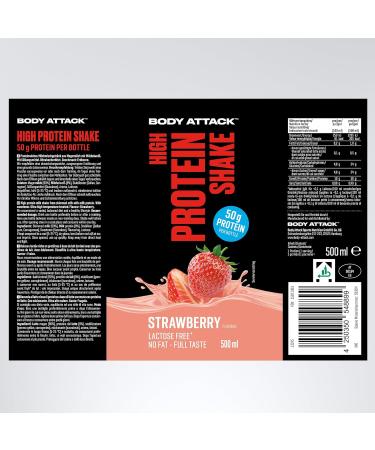 Body Attack High Protein Shake - Strawberry - 12 x 500ml - 50g Protein per Bottle - Ready-to-Drink Muscle Building - Made in Germany - Buy Online on GoSupps.com
