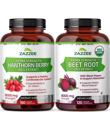 Zazzee Herbal B Pressure Support Bundle | 20:1 Organic Beet Root Capsules & 20:1 Extra Strength Hawthorn Berry Capsules | Non-GMO Vegan & ISO Lab Tested