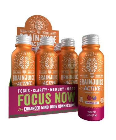 BrainJuice Active Focus & Energy Drink Shots Supports Endurance Recovery & Clarity Non-GMO Gluten Free Nootropics Alpha GPC B Vitamins & Organic Green Tea Pomegranate Acai 2.5 fl oz 12 Pack Active Pomegranate Acai