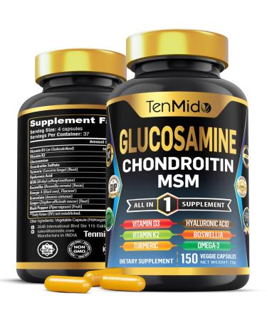 Tenmido Glucosamine Chondroitin MSM Supplement - 12in1 Formula - Combine with Turmeric Hyaluronic Acid Boswellia Omega-3 Bromelain Ginger and More - Joint Health Support - 150 Capsules