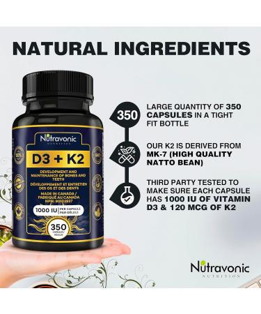 New! 350 Vegan Capsules of Vitamin D3 K2 High Potency 1000 IU D3 (25 mcg) / 120 mcg K2 (MK-7) - Year Long Supply Vitamin D - Helps Maintain Bone & Teeth Health - Formulated With MK-7 Natto Bean For Best Results - Immune System Support Vegan - Made In Cana - Buy Online on GoSupps.com