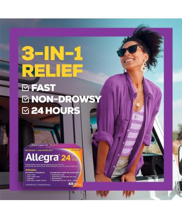 Allegra 24 / Hour Allergy Medication Non Drowsy Fast and Effective Multi-Symptom Allergy Relief Medicine for Sneezing Watery Eyes and Itchy Throat Fexofenadine Hydrochloride 120 mg 48 Tablets - Buy Online on GoSupps.com
