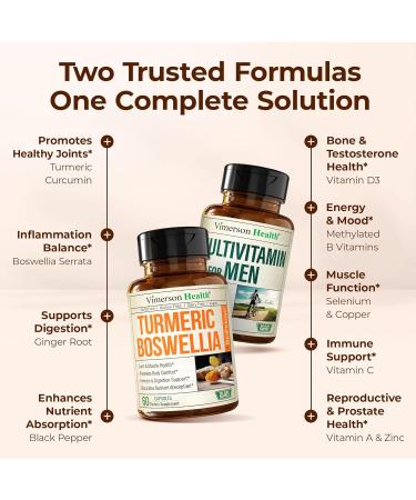 Boswellia Turmeric Curcumin Supplement + Multivitamin for Men Bundle Supports Joint Health & Complete Daily Wellness with Ginger Root Organic Turmeric Powder Methylated Vitamin B12 Zinc & More - Buy Online on GoSupps.com