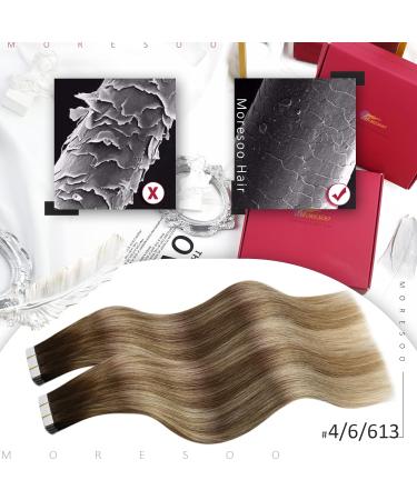 Moresoo 14 Inch Tape in Human Hair Extensions - Dark Brown to Medium Brown with Platinum Blonde Highlights - 20 Pieces/50g #4/6/613 - Buy Online on GoSupps.com
