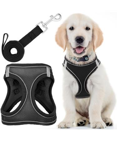 Dog Harness (Medium Black) W/Leash for Running Hiking & Training Soft-Padded & No-Pull Design Pet Harness W/Leash Clips & Reflective Strips for Safety by EcoEarth Black Medium