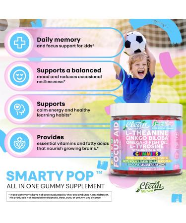 Clean Nutra Kids Focus Gummies with L-Theanine Ginkgo Biloba Omega-3 Fish Oil L-Tyrosine Vitamin B6 B12 60 Count Clean Label Non-GMO Vegan-Friendly SmartyPop Formula for Kids Support - Buy Online on GoSupps.com