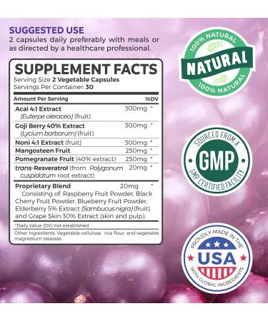 Super Antioxidant Supplement - Acai Berry, Goji Berry, Pomegranate & Trans Resveratrol Blend - Natural Fruit Formula for Skin Care - 60 Capsules - Buy Online on GoSupps.com