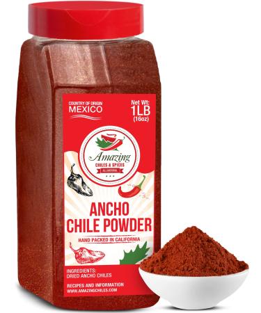 Ancho Chile Pepper Powder Ground 1 LB (16oz) – All Natural - Great For Recipes Like Mexican Mole, Sauces, Stews, Salsa, Meats, Enchiladas. Medium Heat -Sweet & Smoky Flavor. By Amazing Chiles & Spices