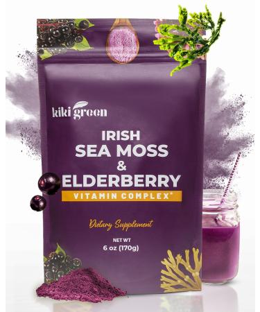 KIKI Green Sea Moss Powder with Elderberry Immune Boost Elderberry Juice - Elderberry Supplements Elderberry Drink Mix Vegan Elderberry Superfood Powder Multivitamin Powder -Immune Support 6 Oz