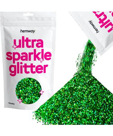 Hemway Premium Ultra Sparkle Glitter Multi Purpose Metallic Flake For Arts Crafts Nails Cosmetics Resin Festival Face Hair - Emerald Green Hologrographic - Chunky (1/40 "0.025" 0.6mm) 100g / 3.5oz Emerald Green Holographic Chunky - 100g
