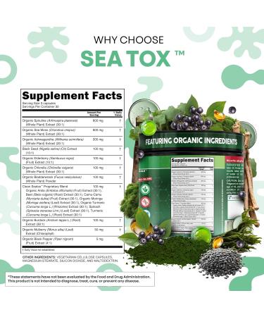 Sea Tox Organic Spirulina and Chlorella Capsules Natural Cleansing & Nourishment Sea Moss Bladderwrack Chlorophyll Burdock Root Ashwagandha Turmeric 90 Vegan Black Seed Oil Capsules by Clean Nutra - Buy Online on GoSupps.com