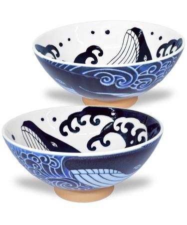 Mino Ware Japanese Rice Bowl Rice Ramen Noodle Soup Sarada Pasta Wave Whale Chawn 5.7 inch 17.5oz Set of 2 Set Of 2 Rice Bowl (5.7 In)