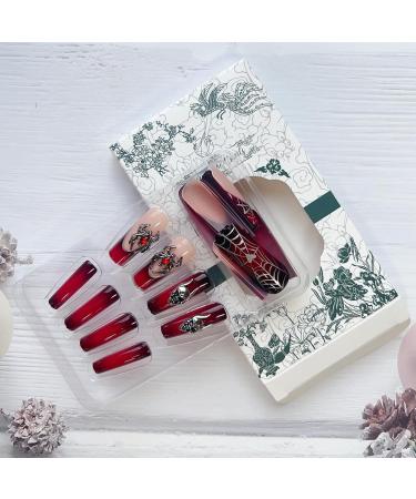Buy Long Square Halloween Press on Nails - LPOODDNU 3D Spider Web Designs | Dark Red Glue-On Nails for Women | 24 Pcs Set - Buy Online on GoSupps.com