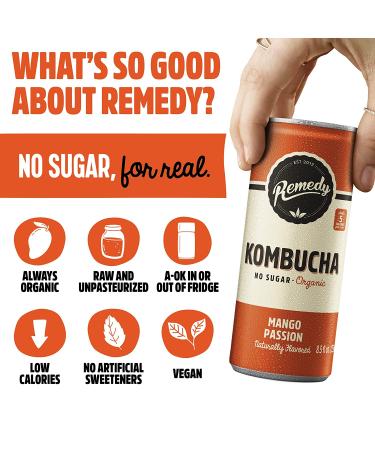 Remedy Kombucha Tea Organic Drink | Sugar-Free, Keto, Vegan & Gluten-Free | Mango Passion Flavor | 8.5 Fl Oz Can 24-Pack - Buy Online on GoSupps.com