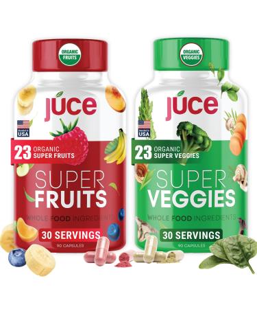 Juce Original Formula - Organic Super Fruit & Veggies Supplement - Gluten/Gelatin Free Soy Free & Vegan- Reds & Greens Superfood Capsules- 23 Fruits & 23 Vegetables (180 Count)- By Terra Kai Organics Organic Fruit & Veggie