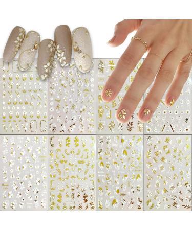 8 Sheets White Gold Flower Nail Art Stickers 3D Self-Adhesive Daisy Floral Leaves Nail Decals Holographic Cherry Blossom Metal Petal Butterfly Nail Design for Women Nail Art Decorations Supplies flower-4