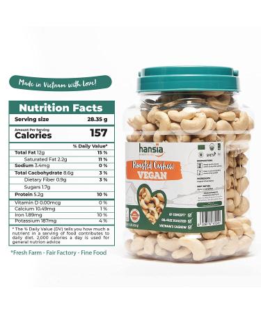 Hansia Organic Keto Kosher Vegan Cashews - 1 lb Pack - Dry Roasted Unsalted Superfood, Gluten-Free, Fresh, Healthy Snacks - High Protein, Fiber, Vitamin, and Iron - Buy Online on GoSupps.com