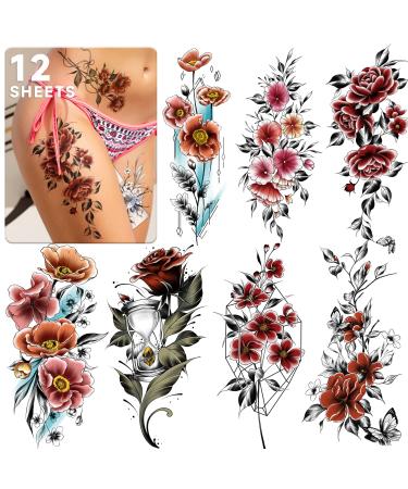 EMOME Half Arm Colorful Rose Fake Tattoos That Look Real and Last Long 12 Sheets Large Temporary Tattoos for Women  Hand Tattoo Stickers and Temporary Tattoo Sleeves for Adults Girls Neck Arm