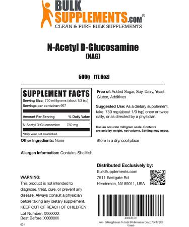 BulkSupplements N-Acetyl D-Glucosamine (NAG) Powder - Joint Support and Cartilage Supplement - 500g - Buy Online on GoSupps.com