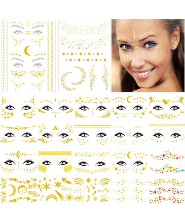 21 Sheets (80+ Pcs Patterns) Face Tattoos Sticker and Freckle Sticker for Women, Including 2 Large Sheets Face Metallic Temporary Tattoo Water Transfer Tattoo for Parties, Halloween Face Tattoos for Halloween Cosplay A-21 