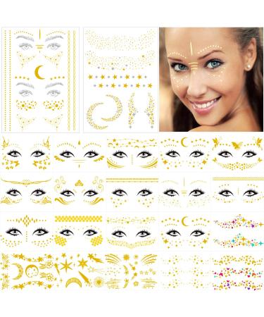 21 Sheets (80+ Pcs Patterns) Face Tattoos Sticker and Freckle Sticker for Women, Including 2 Large Sheets Face Metallic Temporary Tattoo Water Transfer Tattoo for Parties, Halloween Face Tattoos for Halloween Cosplay A-21