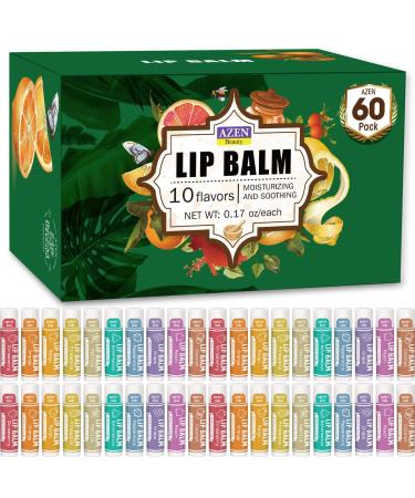 AZEN 60 Pack Lip Balm Natural Lip Balm Bulk Lip Care Product Moisturizing Lip Balms for dry cracked lips Valentines Gifts Easter Basket Stuffers - 10 Flavors B-60