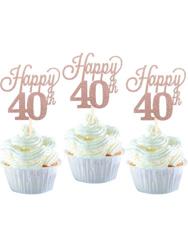 Pack of 24 40 Cupcake Toppers Glitter Happy 40th Birthday Cake Toppers Number 40 Eightteen Sweet 40 Birthday Wedding Anniversary Party Cake Decorations Accessories Rose Gold