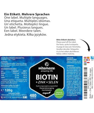 Biotin Hair Growth 10,000 mcg Complex with Selenium & Zinc | 480 Vegan Tablets | Vitamaze German Quality - Buy Online on GoSupps.com