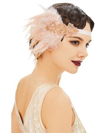 BABEYOND 1920s Headband Women Gatsby Costume Accessories 21s Flapper Feather Hairband Champagne