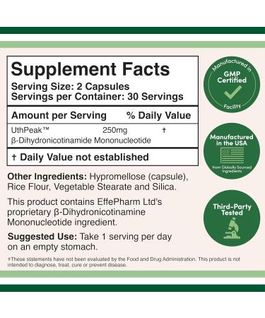 NMNH (NMN Supplement Alternative) (Dihydronicotinamide Mononucleotide) 250mg Per Serving 60 Count (30 Servings) NAD Supplement to Boost NAD+ Levels As We Age (Non-GMO Gluten Free) by Double Wood - Buy Online on GoSupps.com
