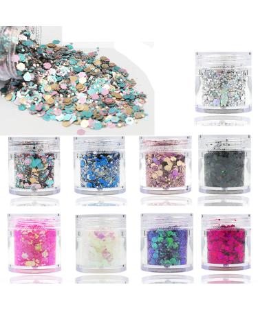 Lifextol 9 Colors Chunky Glitter Sequins 90g Size Mixed Resin Hexagons Crafts Fine Glitter Iridescent DIY Nail Sequins for Face Body Makeup Resin Accessories(Mixed Color-B)