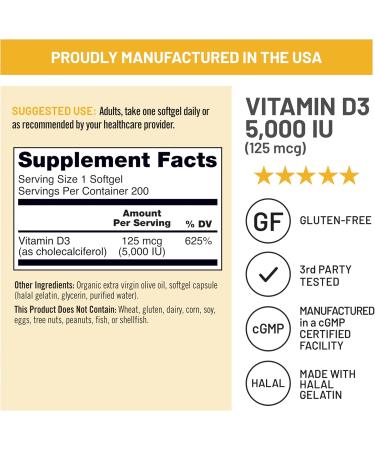 NatureWise Vitamin D3 5000iu (125 mcg) 200-Day Supply for Immune Support Healthy Muscle Function and Bone Health - Non-GMO Gluten Free in Organic Extra Virgin Olive Oil (Mini Softgel) 200 Count 5000IU 200 Count (Pack o  - Buy Online on GoSupps.com