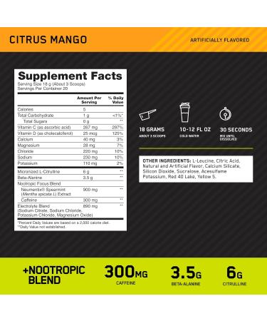 Optimum Nutrition Amped Pre-Workout with Citrulline Beta-Alanine Nootropics and 300mg of Caffeine for Energy Citrus Mango 20 Servings (Packaging May Vary) Citrus Mango 20 Servings (Pack of 1) - Buy Online on GoSupps.com