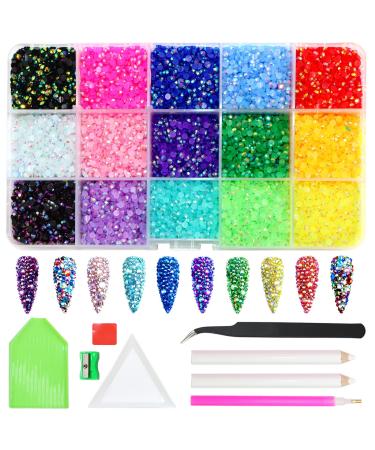 18000pcs Flatback Rhinestones  ZYNERY 15 Mixed Color Jelly Rhinestones Round Shape Crystals Rhinestones for Crafts Nail Face Art Shoes Diamond Painting with Storage Box/Tweezers/Drill Pen (3mm)