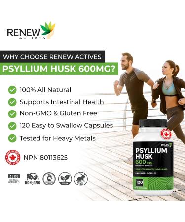 Renew Actives Psyllium Husk 1200MG per 2 Capsules Bulk-Forming Laxative & Soluble Fiber for Digestive Health Regularity & Adult Wellness Pure Ingredients Made in Canada 120 Capsules - Buy Online on GoSupps.com