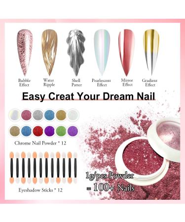 BISHENGYF 12 Jars Metallic Chrome Nail Powder Newbie Friendly Pearl Chrome Nail Powder Mirror Effect Nail Powder with 12 Pcs Eyeshadow Sticks(1g/Jar) B- 12pcs chrome nail powder - Buy Online on GoSupps.com