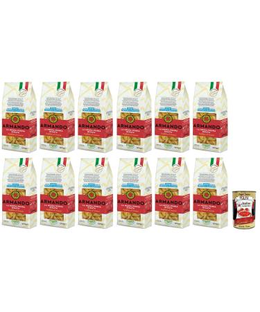 12 x Armando La Mezza Penna Rigata Bronze Pulled Noodles 100 Italian Pasta 500 g + Italian Gourmet Polpa di Pomodoro 400g Can