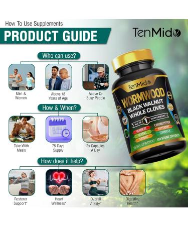 Tenmido Wormwood Capsules Supplement for Men and Women 10in1 Formula with Black Walnut Whole Cloves Turmeric Cayenne Pepper & More - Digestive Immune Support - Nutrient Rich - 150 Capsules - Buy Online on GoSupps.com