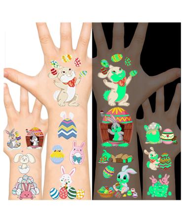 Easter Luminous Temporary Tattoos Stickers for Kids Glow Easter Decoration Kids Party Supplies Favors  Easter Eggs Chicken Tattoo Stickers Easter Basket Stuffers Hunt, Easter Eggs Gift for teens girls babies adults(B)