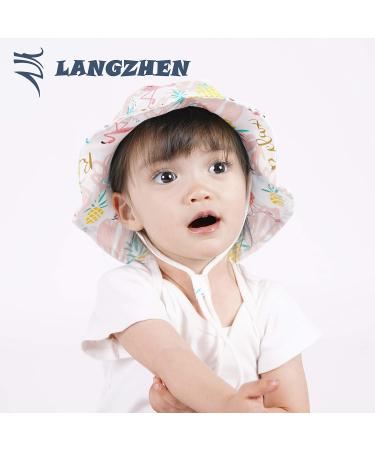 LANGZHEN Baby Girls Beach Sun Hat with Chin Strap | Adjustable Toddler Kids Wide Brim Play Hat | Flamingo-Pink+White -Strawberry | 2-4 Years - Buy Online on GoSupps.com
