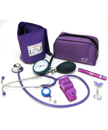Purple Aneroid Blood Pressure Sphygmomanometer Monitor Stethoscope Pen Light (Pen Torch) Tourniquet Butterfly Nurse Watch Retractable Lanyard ID Card Holder - Starter Set